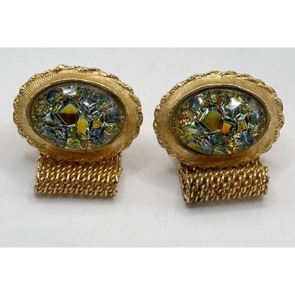 Vintage, Iridescent Glass, Wrap Around Cuff Links, Mesh, Gold Tone - Picture 2 of 5